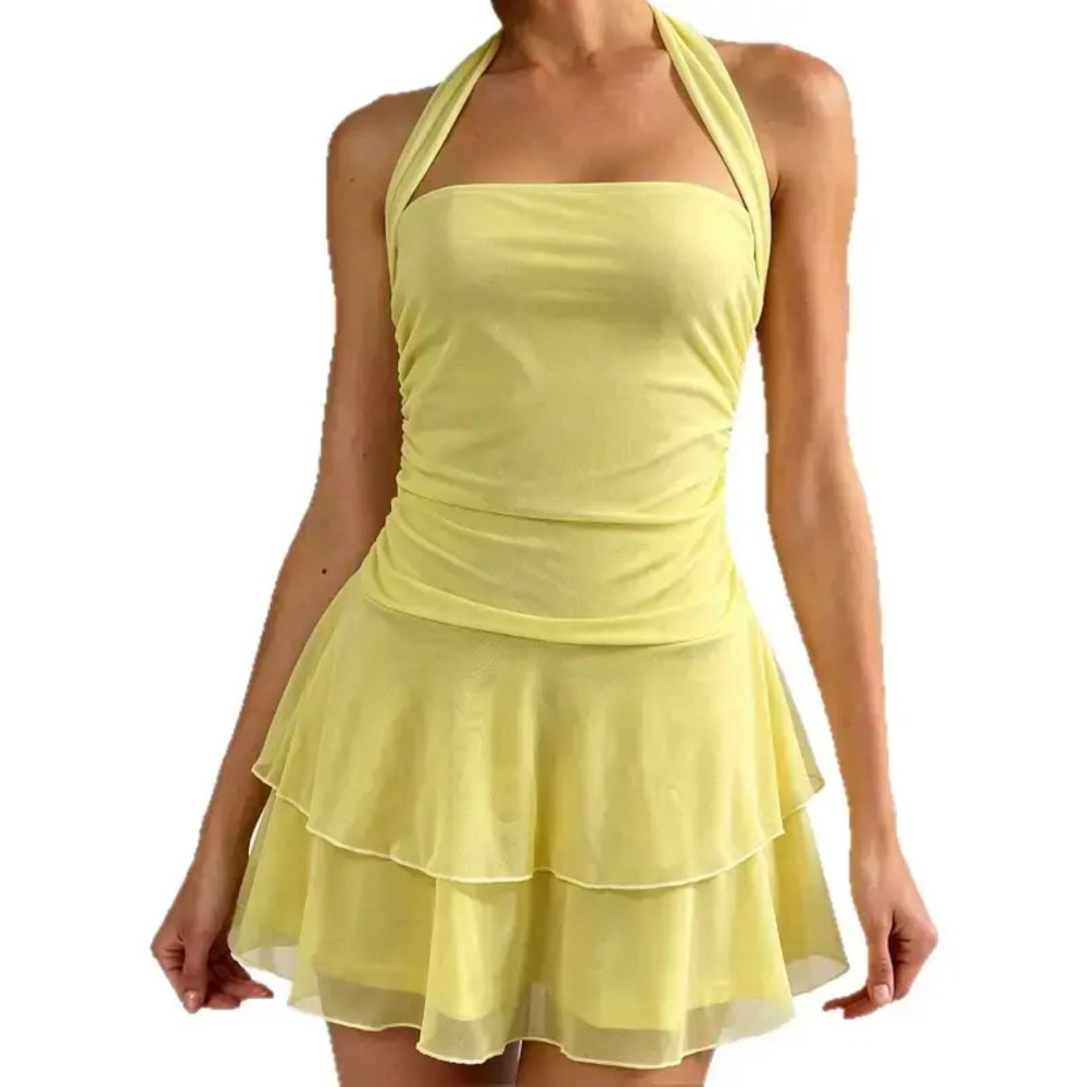 Sexy Halter Neck Pleated Mesh Mini Dress Beach Vacation Slim Fit Double Ruffle